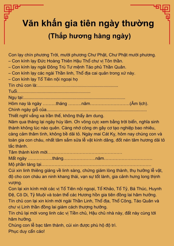 văn khấn gia tiên hàng ngày